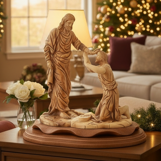 Jesus Christ statue hand carved from Bethlehem olive wood, 11.8 inch front view of the olive wood masterpiece