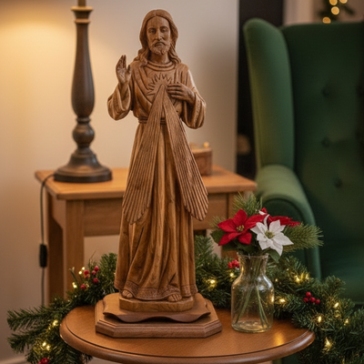 Carved Olive Wood Divine Mercy's Statue, 22.4" Sacred Heart Carving