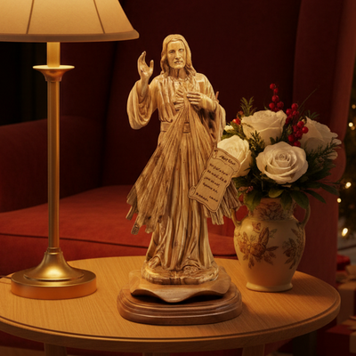 Jesus Christ "Divine Mercy" Statue, 13.2" Holy Land Olive Wood Carving
