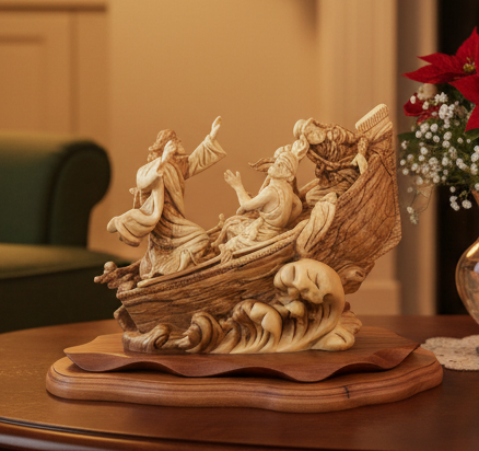 Jesus Christ "Calms The Storm" on Boat, 15.5" Masterpiece Wooden Carving