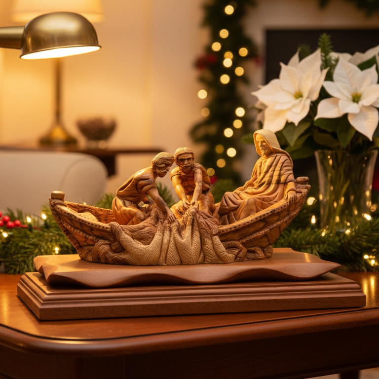 Jesus Christ "Miracle of Fisherman", 11.4" Long, Holy Land Olive Wood Sculpture
