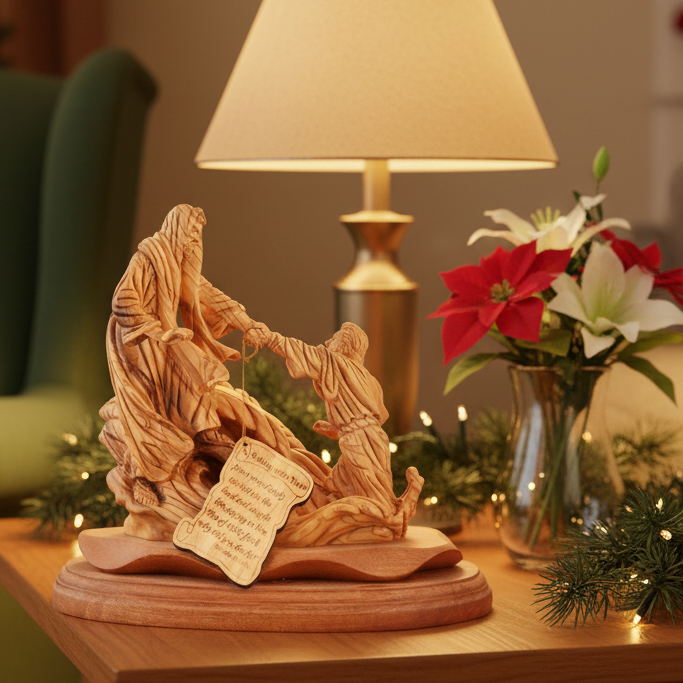 Jesus Christ statue hand carved from Bethlehem olive wood, 10 inch front view of the olive wood masterpiece