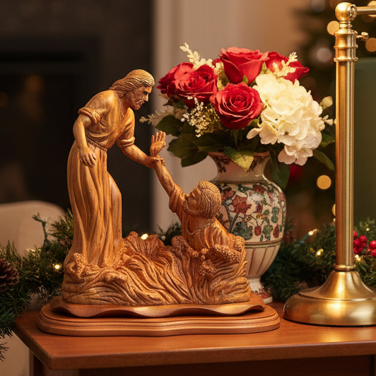 Jesus Christ Walks on Water Masterpiece, 15.4" Carved Sculpture from the Holy Land