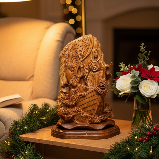 Jesus Christ statue hand carved from Bethlehem olive wood, 10.5 inch front view of the olive wood masterpiece