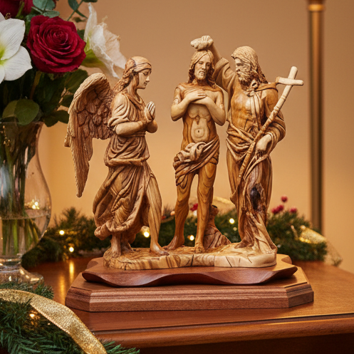 Jesus Christ "Baptism by Saint John" with Angel Sculpture, 11.4" Holy Land Carving from Olive Wood