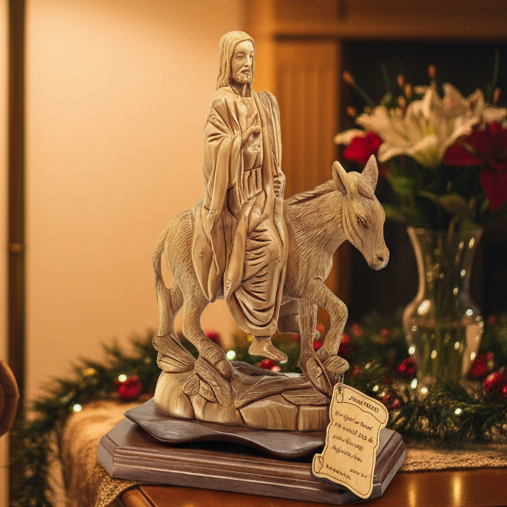 Jesus Christ Riding Donkey, "Entry Into Jerusalem", 11.2" Wood Carving from Holy Land
