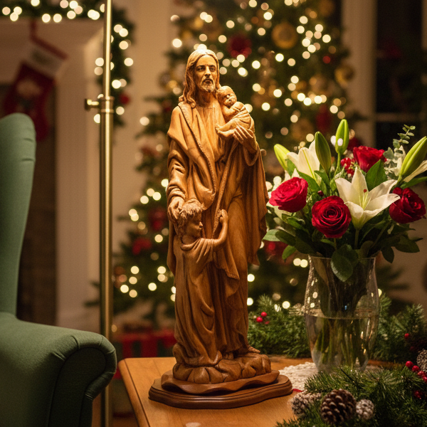 Jesus Christ "With The Children" Statue, 24" Olive Wood Carving Church Sculpture from the Holy Land