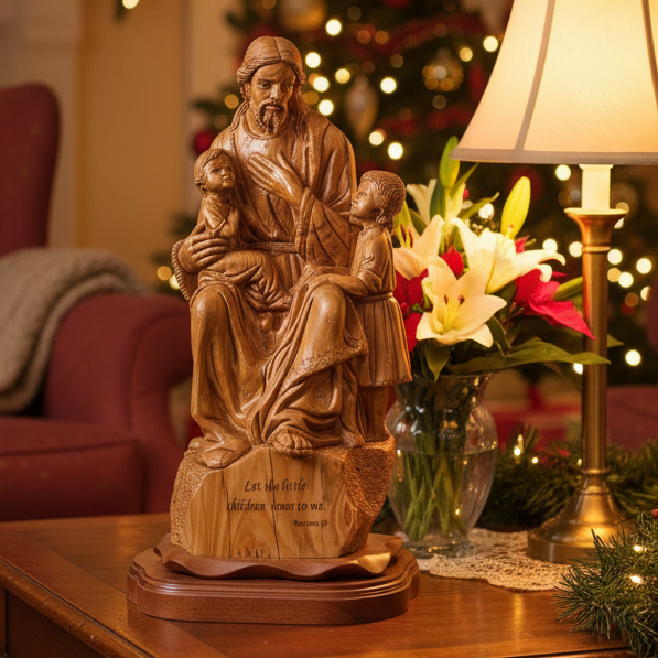 Jesus Christ, "With The Children" Masterpiece 24", Olive Wood Carved Sculpture from the Holy Land