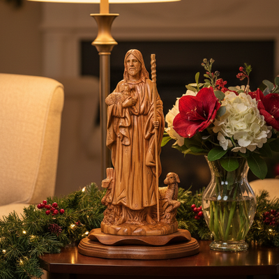 The Good Shepherd, Jesus Christ, 14.8" Statue Carved from the Holy Land