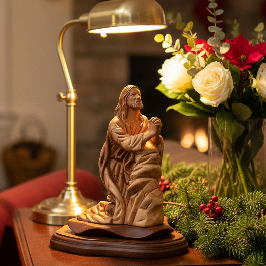 Jesus Christ statue hand carved from Bethlehem olive wood, 9.1 inch side angle of the olive wood sculpture