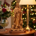 Good Shepherd statue hand carved from Bethlehem olive wood, 26 inch front view of the olive wood masterpiece