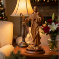 Good Shepherd statue hand carved from Bethlehem olive wood, 14.6 inch front view of the olive wood masterpiece
