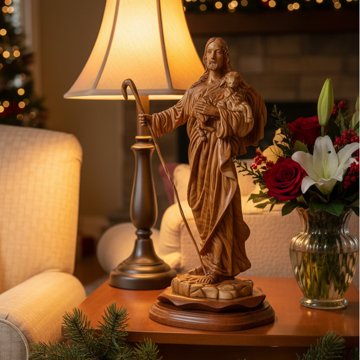 Good Shepherd statue hand carved from Bethlehem olive wood, 14.6 inch front view of the olive wood masterpiece