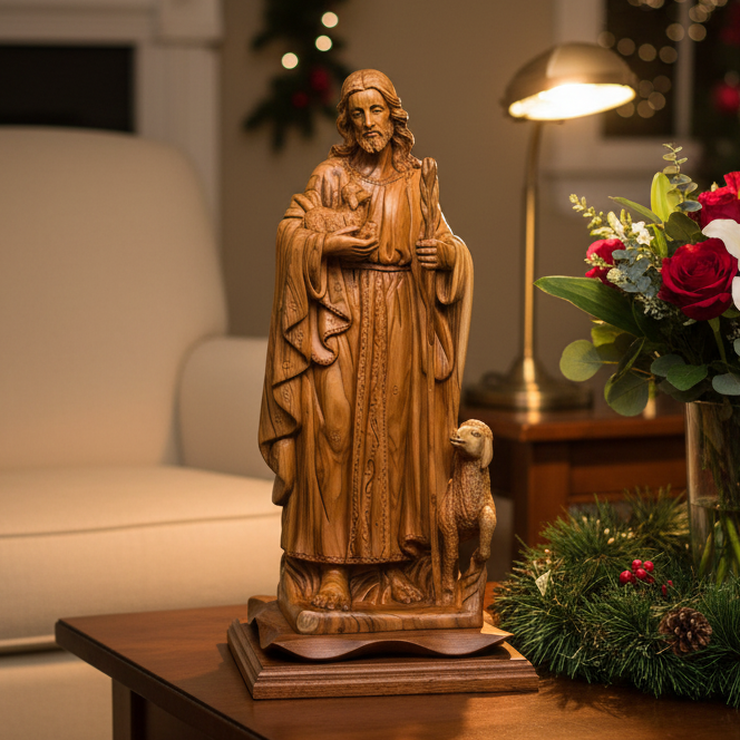 Good Shepherd statue hand carved from Bethlehem olive wood, 16.5 inch front view of the olive wood masterpiece