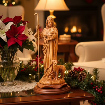 Jesus Christ "The Good Shepherd"  Statue, 19 inches,  from Olive Wood Carved from the Holy Land