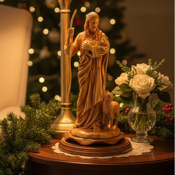 Good Shepherd statue hand carved from Bethlehem olive wood, 12.6 inch front view of the olive wood masterpiece