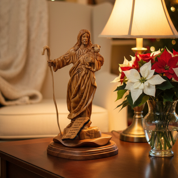 Jesus Christ, "The Good Shepherd" , 10.6" Carved Wooden Statue From the Holy Land