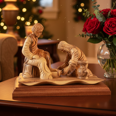 Jesus "Washing of the Feet " Carving 7.5", Olive Wood Sculpture from Holy Land