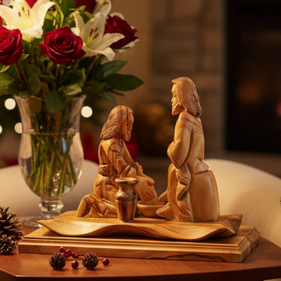 Jesus Christ "Washing of the Feet" Sculpture, 7.5" Carving from Holy Land Olive Wood