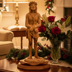 Jesus Christ statue hand carved from Bethlehem olive wood, 13 inch side angle of the olive wood sculpture