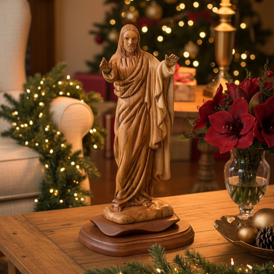 Jesus Christ "Giving Blessing" Statue, 12.6" Carving from Holy Land Olive Wood