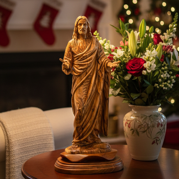 Jesus Christ statue hand carved from Bethlehem olive wood, 13.4 inch front view of the olive wood masterpiece