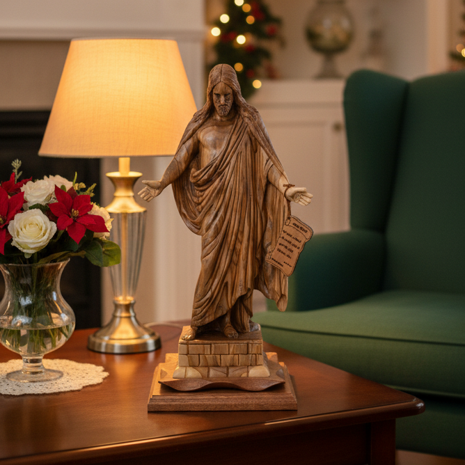 Jesus Christ statue hand carved from Bethlehem olive wood, 16.9 inch front view of the olive wood masterpiece