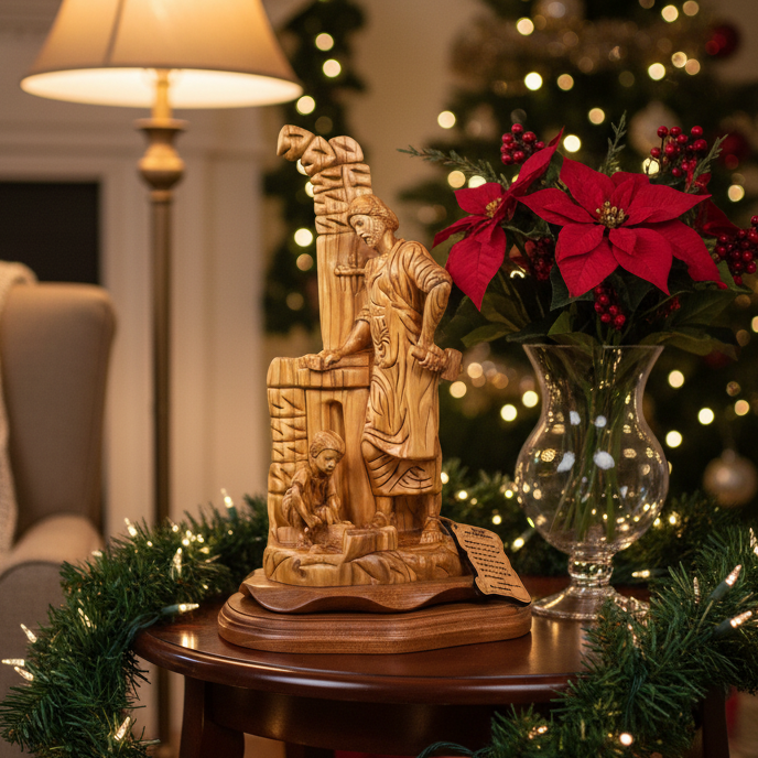 Jesus Christ statue hand carved from Bethlehem olive wood, front view of the olive wood masterpiece
