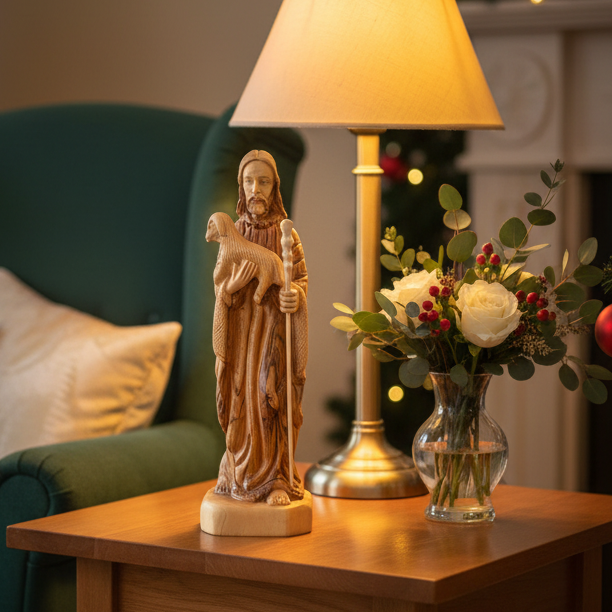 The Good Shepherd, Jesus Christ, 10.6" Wooden Carving