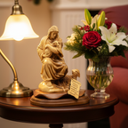 Good Shepherd statue hand carved from Bethlehem olive wood, 10.5 inch front view of the olive wood masterpiece