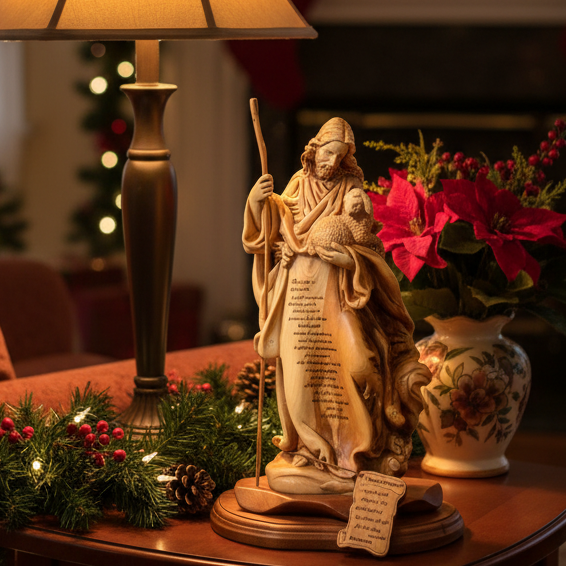 Good Shepherd statue hand carved from Bethlehem olive wood, 9.8 inch front view of the olive wood masterpiece