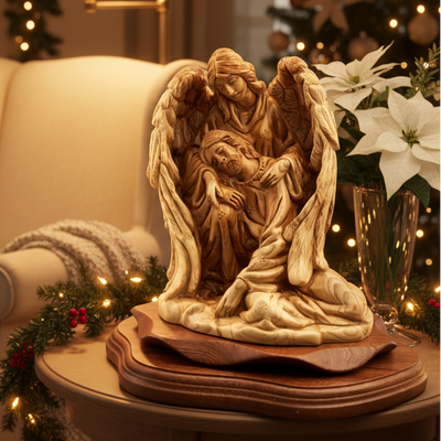 Wooden Statue of Jesus with an Angel 9.1"