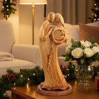 Holy Family olive wood statue hand carved in Bethlehem, 17.3 inch front view of the olive wood masterpiece