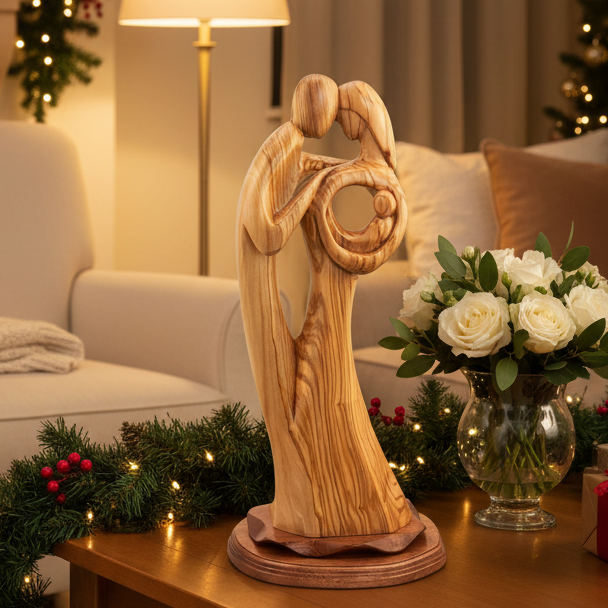 Holy Family olive wood statue hand carved in Bethlehem, 17.3 inch front view of the olive wood masterpiece