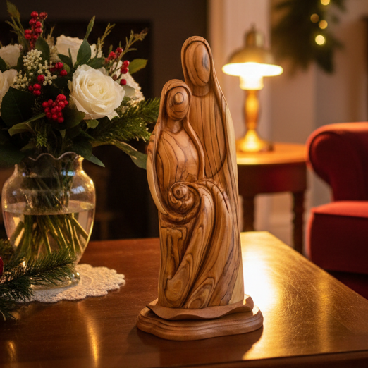 Holy Family Sculpture, 17.1" Hand Carved Wood from Bethlehem