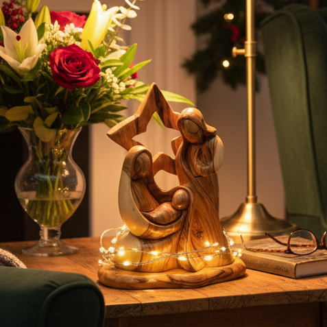 Nativity Scene with Holy Family and Star, 9.4" Manager Carving from Bethlehem Olive Wood