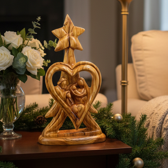 Holy Family olive wood statue hand carved in Bethlehem, 12.8 inch front view of the olive wood masterpiece