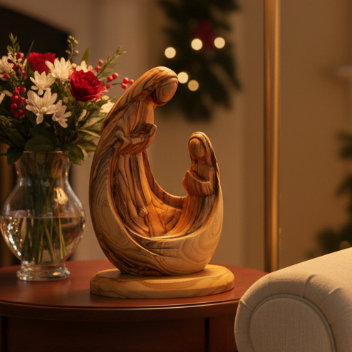 Our Lady of Lourdes Abstract Statue with Saint Bernadette Soubirous, Olive Wood 7.9"