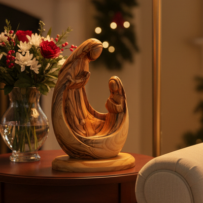 Our Lady of Lourdes Abstract Statue with Saint Bernadette Soubirous, Olive Wood 7.9"