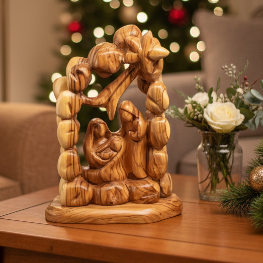 Olive wood nativity scene hand carved in Bethlehem, 8.7 inch front view of the olive wood masterpiece