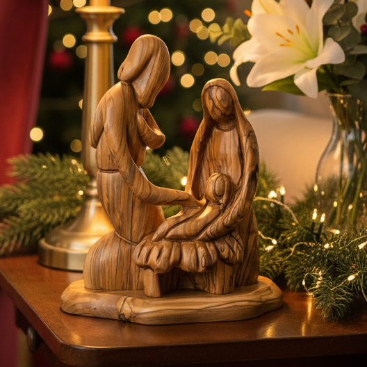 Holy Family Nativity Wooden Carved Figurine, 7.7"  (Abstract)