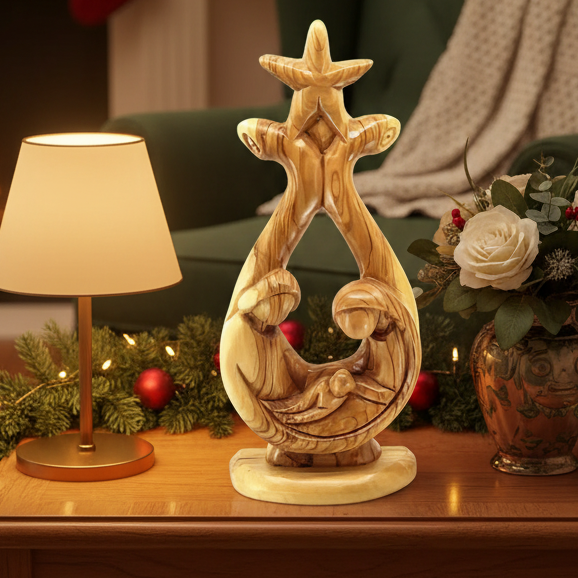 Holy Family Sculpture (Star Edition), 11.4" Abstract Hand Carved Olive Wood