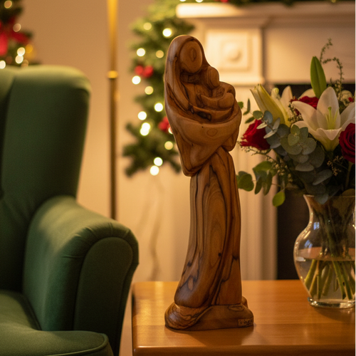 Virgin Mary olive wood statue from Bethlehem hand carved, 9.6 inch front view of the olive wood masterpiece