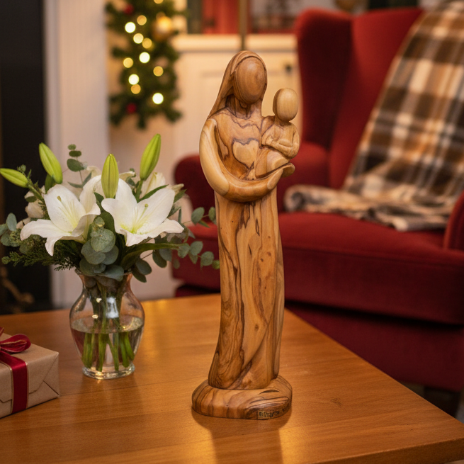 Virgin Mary with Child Jesus Presented, 9.3 Carved Abstract from the Holy Land Olive Wood