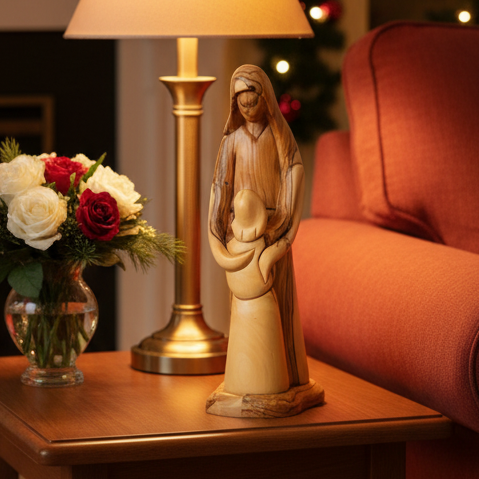 Virgin Mary Hugging Her Son Jesus (Abstract), 11" Carved from the Holy Land Olive Wood