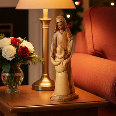 Virgin Mary Hugging Her Son Jesus (Abstract), 11" Carved from the Holy Land Olive Wood