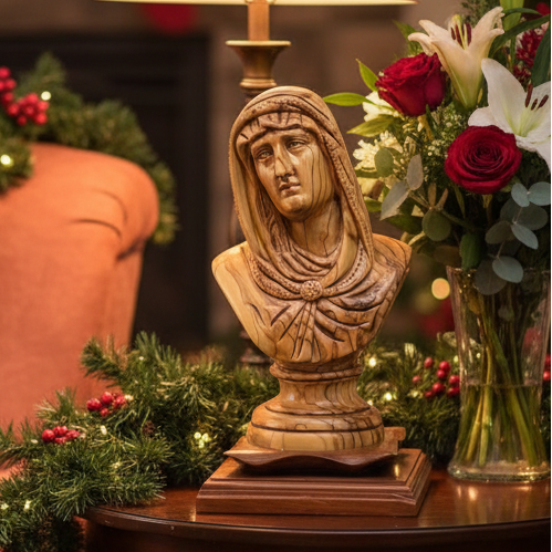 Bust of Virgin Mary's Head 10" , Wooden Sculpture from Holy Land