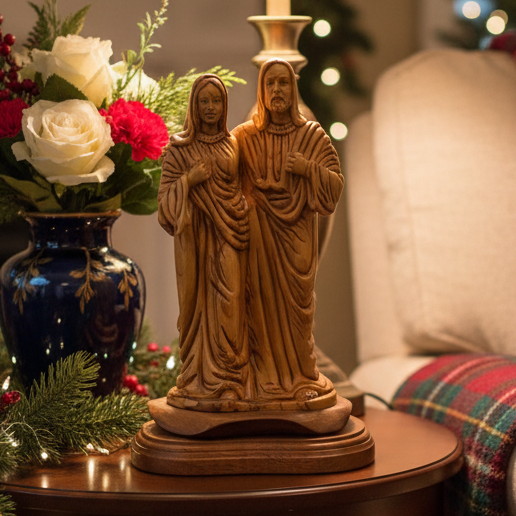Virgin Mary with Jesus Christ Statue, 10.6" Carved from the Holy Land Olive Wood