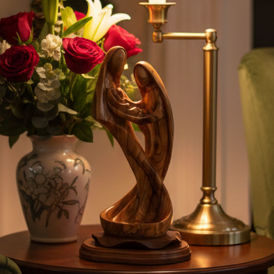 Holy Family Sculpture, Carved Olive Wood, 13"