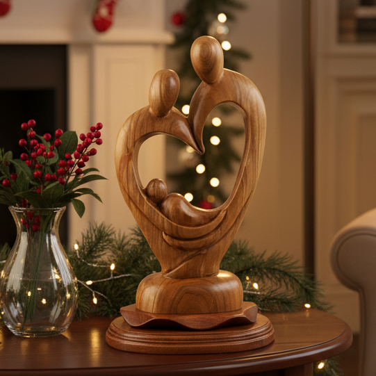 Holy Family Heart shaped Statue, 12.6" Abstract Hand Carved Olive Wood